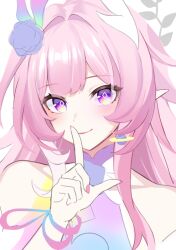  bare_shoulders closed_mouth cyrene_(honkai:_star_rail) cyrene_(ripples_of_past_reverie)_(honkai:_star_rail) dress finger_to_mouth honkai:_star_rail honkai_(series) kiki-yu long_hair looking_at_viewer pink_hair pink_nails pointy_ears violet_eyes white_dress 