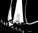  1boy asriel_dreemurr comic commentary costume crowd crowded flower_costume koalacola monochrome monster_boy scared spoilers spotlight stage stage_curtains stage_lights sweating_profusely undertale what_if wide-eyed 