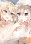  2girls bismarck_(kantai_collection) blonde_hair blue_eyes breasts feeding food fruit graf_zeppelin_(kantai_collection) grey_eyes kantai_collection kou_mashiro large_breasts long_hair mandarin_orange multiple_girls nude onsen steam towel 