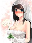  1girl bare_shoulders black_hair blue_eyes blush breasts cleavage dress flower gloves jewelry kawakami_masaki large_breasts long_hair necklace original solo wedding_dress white_gloves 