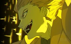  0304rong0304 1boy absurdres armor blonde_hair commentary_request constricted_pupils crazy_eyes crazy_smile earrings fate/stay_night fate_(series) gate_of_babylon_(fate) gilgamesh_(fate) gold_armor highres jewelry korean_commentary male_focus open_mouth red_eyes smile solo watermark 