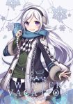  1girl boots braid earmuffs hair_ornament hairclip hijiri_(resetter) jacket long_hair long_sleeves looking_at_viewer open_clothes open_jacket open_mouth original ponytail scarf silver_hair single_braid smile solo sweater very_long_hair violet_eyes winter_clothes 