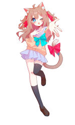  1girl absurdres ahoge animal_ears aqua_bow aqua_bowtie asymmetrical_legwear bandaid bandaid_on_knee bandaid_on_leg black_shoes black_socks black_thighhighs blue_eyes blue_sailor_collar blue_skirt bow bowtie brown_hair cardigan cat_ears cat_tail commentary_request full_body hair_between_eyes hair_ornament hair_ribbon heart heart_hair_ornament highres long_hair long_sleeves looking_at_viewer miniskirt neuro-sama one_eye_closed open_mouth red_ribbon ribbon sailor_collar shoes simple_background single_sock single_thighhigh skirt socks solo standing standing_on_one_leg tail tail_bow tail_ornament thigh-highs two_side_up uneven_legwear user_hmyv8473 vedal_ai virtual_youtuber white_background yellow_cardigan 