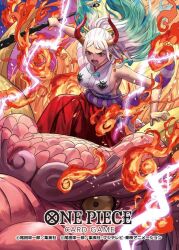  1boy 1girl adachi_yousuke alternate_form aqua_hair club_(weapon) commentary_request copyright_name dragon earrings electricity fire floating_hair hair_ornament hakama holding holding_weapon horns japanese_clothes jewelry kanabou kimono kouzuki_momonosuke official_art one_piece one_piece_card_game open_mouth ponytail red_hakama sidelocks sleeveless sleeveless_kimono thick_eyebrows weapon white_hair white_kimono yamato_(one_piece) 