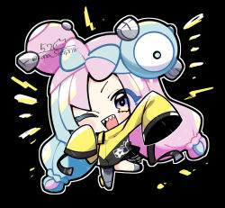  ;d black_background blue_hair bow-shaped_hair character_hair_ornament chibi chibi_only full_body grey_pantyhose hair_ornament iono_(pokemon) jacket kona_sleipnir long_hair long_sleeves looking_at_viewer one_eye_closed open_mouth pantyhose pink_hair pokemon pokemon_sv sharp_teeth single_leg_pantyhose sleeves_past_wrists smile standing standing_on_one_leg teeth twintails twitter_username upper_teeth_only very_long_hair wide_sleeves yellow_jacket 