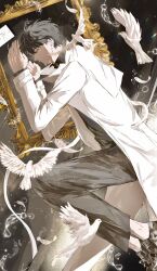  1boy 8d2suga9 bird black_hair black_shirt broken_glass closed_eyes coat curled_up dove falling_feathers feathers floating floating_object full_body glass highres kim_dokja knees_up lens_flare male_focus omniscient_reader&#039;s_viewpoint open_clothes open_coat phone popped_collar portrait_(object) ribbon shirt short_hair solo white_coat white_ribbon 