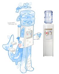  1girl :3 bandaged_leg bandages bomal1215 closed_eyes closed_mouth commentary costume cup english_commentary english_text fins fish_skeleton fish_tail full_body halo holding holding_cup monster_girl original reference_inset simple_background slime_girl solo standing tail water water_cooler white_arm_warmers white_background 
