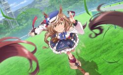  1girl animal_ears anime_coloring artist_request bare_shoulders belt belt_bag black_bow blue_bow blue_bowtie blue_hat blue_skirt blue_sky blush boots bow bow_legwear bowtie brown_bag brown_belt brown_boots brown_cape brown_eyes brown_hair cape circle_skirt clenched_teeth clothing_cutout clouds collared_shirt cross-laced_clothes cross-laced_skirt day determined dust ear_ornament ears_through_headwear eyelashes floating_clothes floating_hair floral_print frilled_skirt frilled_socks frills fringe_trim furrowed_brow game_cg grass hair_bobbles hair_bow hair_ornament hairclip hat horse_ears horse_girl horse_tail kneehighs knees lace-up_boots layered_skirt leaning_forward long_hair long_sleeves looking_ahead matikanetannhauser_(panpaka_tiltott)_(umamusume) matikanetannhauser_(umamusume) miniskirt motion_blur mountain multicolored_hair newsboy_cap official_art outdoors parallel_hairclips print_skirt puffy_long_sleeves puffy_sleeves racing red_bow red_ribbon red_sash red_socks ribbon running sash shadow shirt shoulder_cutout sidelocks skirt sky socks solo_focus streaked_hair sweat swept_bangs tail tareme teeth track_and_field tree umamusume very_long_hair waist_sash wavy_hair white_shirt white_skirt 