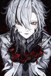  1girl absurdres arlecchino_(genshin_impact) black_background black_eyes black_hair black_hands black_nails colored_extremities commentary_request genshin_impact grey_jacket hair_over_one_eye hands_up highres jacket koumimi light_particles looking_at_viewer multicolored_hair parted_lips solo straight-on streaked_hair symbol-shaped_pupils upper_body white_hair x-shaped_pupils 