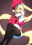  1girl blonde_hair blue_eyes fingerless_gloves gloves guilty_gear guilty_gear_xrd hat millia_rage moxie2d pantyhose ponytail santa_costume santa_hat solo 