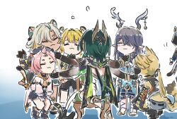  ! 6+girls animal_ears black_cat black_gloves brown_hair cat cat_ears cat_girl cat_tail cipher_(honkai:_star_rail) closed_eyes diona_(genshin_impact) dress feral_instincts genshin_impact gloves green_eyes green_hair grey_hair happy highres honkai:_star_rail honkai_(series) ju_fufu lauma_(genshin_impact) long_hair long_sleeves looking_at_another multiple_girls nefer_(genshin_impact) nekomata pantyhose petting pulchra_fellini short_hair simple_background sitting smile spoken_exclamation_mark standing tail violet_eyes white_background xilonen_(genshin_impact) xinzoruo zenless_zone_zero 