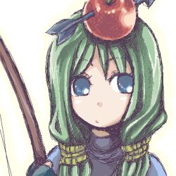  1girl 2000s_(style) apple apple_on_head archer_(ragnarok_online) arrow_through_apple blue_eyes blue_gloves blue_shirt bow_(weapon) closed_mouth commentary_request expressionless fingerless_gloves food fruit gloves green_hair hair_tubes holding holding_bow_(weapon) holding_weapon long_hair looking_at_viewer lowres oekaki portrait ragnarok_online re-na shirt solo weapon white_background 