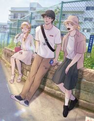  1girl 2boys alternate_universe badeni bag baseball_cap basket black_hair black_hat black_shoes blonde_hair braid breasts brick_wall brown_pantyhose chain-link_fence chi.:_chikyuu_no_undou_ni_tsuite collared_shirt contemporary crossed_bangs dress fanning_self fence food_in_mouth full_body grey_hair grey_shirt grey_shorts hair_between_eyes hair_over_shoulder hairband hat highres hot ice_cream_bar jacket jolenta medium_breasts medium_hair multiple_boys oczy one_eye_closed pantyhose parted_lips ponytail retaining_wall sandals scar scar_on_face scar_on_mouth scar_on_nose shirt shirt_under_shirt shoes short_hair short_ponytail shorts shoulder_bag single_braid sitting sneakers socks sweat syuoutenze t-shirt twitter_username watch watch white_dress white_hairband white_jacket white_shirt white_socks 