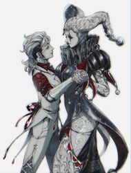  1boy 1girl blackberreh-art breasts clown clown_makeup dancing design_speculation doll doll_joints eyelashes hat highres jester_cap jester_costume joints lips makeup mannequin neck_ruff nikola_orsinov scar scar_on_face sideburns smile the_magnus_archives tim_stoker white_background 