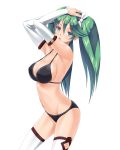  1girl :o aqua_eyes armpits arms_up bikini black_bikini blush bow breasts cleavage collarbone covered_nipples detached_sleeves green_hair hair_bow hands_on_own_head hobenkei isuzu_(kantai_collection) kantai_collection long_hair long_sleeves looking_at_viewer navel open_mouth side_ponytail simple_background solo standing stomach swimsuit thigh-highs twintails white_background white_bow white_legwear 