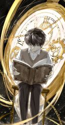  1boy 8d2suga9 bandage_on_face bandages black_eyes black_hair book brown_vest collared_shirt feet_out_of_frame gears highres holding holding_book kim_dokja male_focus oldest_dream omniscient_reader&#039;s_viewpoint open_book roman_numeral shirt short_hair sitting sky smile solo space star_(sky) starry_sky stool stopwatch vest white_shirt 
