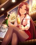  1girl alcohol artist_request brown_eyes brown_hair champagne crossed_legs cup drinking_glass earrings idolmaster idolmaster_cinderella_girls jewelry jpeg_artifacts long_hair nail_polish necklace official_art pantyhose red_skirt ring skirt wine_glass zaizen_tokiko 