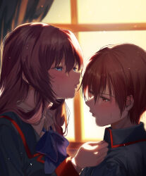  1boy 1girl a-chan_(little_busters!) absurdres backlighting black_jacket blue_bow blue_eyes blush bow brown_eyes brown_hair collared_shirt commentary_request couple embarrassed eyelashes from_side hair_between_eyes hair_over_shoulder half-closed_eyes hetero highres imminent_kiss indoors jacket light_particles little_busters! little_busters!_school_uniform long_hair long_sleeves looking_at_another miiizuno_lbs natsume_kyousuke parted_lips profile puckered_lips school_uniform shirt short_hair sidelocks sunset sweat upper_body v-shaped_eyebrows white_shirt window 