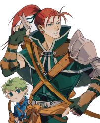  2boys arrow_(projectile) bow_(weapon) commentary fire_emblem fire_emblem:_path_of_radiance green_eyes green_hair highres holding holding_arrow holding_bow_(weapon) holding_weapon long_hair male_focus multiple_boys parted_lips ponytail quiver red_hair rolf_(fire_emblem) shinon_(fire_emblem) short_hair shuai_da weapon 