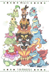  :d absurdres bayleef chikorita claws closed_mouth commentary_request croconaw emboar fangs fangs_out feraligatr fire highres mega_emboar mega_feraligatr mega_meganium meganium no_humans open_mouth pignite pokemon pokemon_(creature) pokemon_focus saki_pokeoekaki sitting smile sparkle standing tepig totodile tusks unown white_background yellow_eyes 