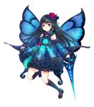  1girl black_hair blue_dress blue_eyes detached_sleeves dress fairy fairy_wings frilled_dress frilled_legwear frilled_sleeves frills long_hair looking_at_viewer open_mouth original solo sugarv sword weapon wings 