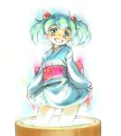  1girl aqua_eyes aqua_hair bucket cowboy_shot grin hair_bobbles hair_ornament japanese_clothes kimono kisume obi sash short_kimono smile solo tks_(chikuwa) touhou twintails 