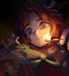  1boy 6demo blue_eyes facepaint facial_mark fire hair_intakes happy_birthday highres holding_matchstick identity_v looking_down male_focus polka_dot polka_dot_scarf portrait red_hair scarf smile twitter_username weeping_clown_(identity_v) 