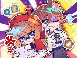  2boys androgynous anger_vein beret big_head blue_eyes bow brown_hair bruise bruised_eye capelet chain collar crossed_bandaids dannase drill_hair drill_ponytail edgar_valden fang green_eyes hair_bow hat highres identity_v index_fingers_together injury looking_ahead looking_at_another lower_eyelashes_only luca_balsa male_focus metal_collar multiple_boys multiple_head_bumps one_eye_closed panty_&amp;_stocking_with_garterbelt parody red_bow red_capelet red_hat shaded_face shirt skin_fang small_sweatdrop striped_clothes striped_shirt style_parody upper_body 