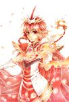  1girl armor braid cape colored_pencil_(medium) elbow_gloves fire flame gem gloves hair_ornament jigoro_(mig60gummy) long_hair looking_at_viewer magic_knight_rayearth petals red_cape red_eyes redhead serious shidou_hikaru single_braid solo traditional_media white_background white_gloves 