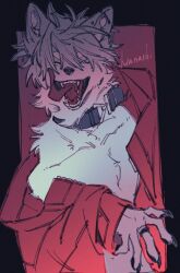  1boy body_fur claws collar commentary ear_piercing fuji_166 furry furry_male grey_eyes grey_fur grey_hair hand_up jacket jewelry licking_lips looking_at_viewer male_focus multiple_rings no_shirt open_clothes open_jacket open_mouth original piercing red_background red_jacket ring short_hair solo squinting tongue tongue_out upper_body wolf_boy 