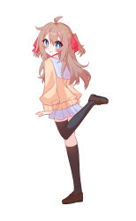  1girl absurdres ahoge animal_ears aqua_bow asymmetrical_legwear black_shoes black_socks black_thighhighs blue_eyes blue_sailor_collar blue_skirt bow brown_hair brown_shoes cardigan closed_mouth commentary_request from_behind full_body hair_between_eyes hair_ornament hair_ribbon heart heart_hair_ornament highres long_hair long_sleeves miniskirt neuro-sama red_ribbon ribbon sailor_collar shoes simple_background single_sock single_thighhigh skirt socks solo standing standing_on_one_leg tail tail_bow tail_ornament thigh-highs tongue tongue_out two_side_up uneven_legwear user_hmyv8473 vedal_ai virtual_youtuber white_background yellow_cardigan 