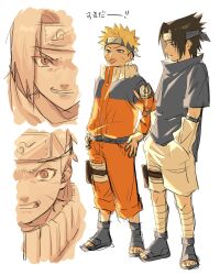 2boys bandaged_leg bandages black_hair black_shoes blonde_hair blue_headband blue_shirt clenched_teeth detached_sleeves facial_mark full_body furrowed_brow grin hands_in_pockets hands_on_own_hips headband highres holster jacket jumpsuit light_smile male_focus multiple_boys naruto_(series) open-toe_shoes orange_jacket orange_jumpsuit orange_pants pants parted_bangs parted_lips rfb_345orororo sharingan shirt shoes short_sleeves shorts slit_pupils smile spiky_hair teeth thigh_holster tongue tongue_out uchiha_sasuke uzumaki_naruto whisker_markings white_background white_shorts white_sleeves 