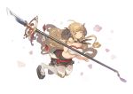  1girl ahoge anila_(granblue_fantasy) bandeau breasts brown_eyes brown_hair cleavage eyebrows glaive granblue_fantasy hanarito horns large_breasts long_hair platform_footwear sheep_horns skirt smile solo tabi thigh-highs very_long_hair white_legwear 