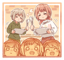  5girls :d :| =_= ^_^ afterglow_(bang_dream!) aoba_moca argyle_clothes argyle_sweater bang_dream! border bread brown_background closed_eyes closed_mouth commentary food foodification green_hoodie grey_hair hashtag-only_commentary hazawa_tsugumi highres holding holding_tongs holding_tray hood hoodie light_frown lightning_bolt_symbol long_sleeves low_twintails mitake_ran multicolored_hair multiple_girls nervous_smile o3o o_o open_mouth pink_hair puckered_lips short_hair smile streaked_hair sweatdrop sweater tongs tray twintails udagawa_tomoe uehara_himari v-shaped_eyebrows white_border white_sweater yukitake_(xuserpost) 