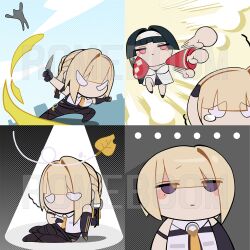  2girls arm_strap astra_yao black_hair blonde_hair chest_harness chibi chibi_only emoji evelyn_chevalier gloves half_gloves harness hitting knife multiple_girls necktie romeboom yellow_necktie zenless_zone_zero 