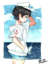  1girl 2025 alternate_costume anchor_symbol arm_up black_hair blue_shorts blue_sky border cowboy_shot dated from_side hand_in_pocket hat highres hood hood_down hoodie mt109 murasa_minamitsu ocean sailor_hat short_hair shorts signature sky solo touhou water white_border white_hat white_hoodie 