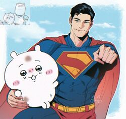  1boy arm_up belt black_hair blue_bodysuit blue_eyes blush_stickers bodysuit briefs cape chiikawa clenched_hand closed_mouth commentary cowboy_shot crossover dc_comics english_commentary fatcat fingernails holding male_focus male_underwear open_mouth outstretched_arm red_cape reference_inset short_hair smile superhero_costume superman superman_(series) superman_logo tears underwear yellow_belt 