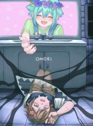  2boys absurdres basil_(faraway)_(omori) basil_(headspace)_(omori) basil_(omori) bathroom blonde_hair blue_eyes blue_overalls blush brown_shorts closed_eyes collared_shirt copyright_name double-parted_bangs faucet flower flower_wreath green_hair green_shirt green_sweater_vest hair_between_eyes hair_flower hair_ornament head_wreath highres indoors kmyq4knnni5257 lower_teeth_only lying mirror multiple_boys omori on_back open_mouth overalls shirt short_sleeves shorts sidelocks sink smile something_(omori) sweat sweater_vest t-shirt teeth tongue white_shirt window 
