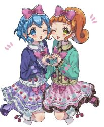  2girls ;d aikatsu! aikatsu!_(series) aikatsu!_x_pripara_the_movie_-deai_no_kiseki!- aki_(akinyaaaaa) blue_eyes blue_hair blunt_bangs boots bow collared_shirt commentary_request crossover dorothy_west food_print frilled_skirt frills fruit_print genre_connection green_jacket hair_bow heart heart_hands heart_hands_duo highres jacket kurisu_kokone long_hair long_sleeves looking_at_viewer miniskirt multiple_girls notice_lines one_eye_closed open_mouth orange_hair pink_bow pink_skirt ponytail pretty_series print_skirt pripara purple_boots purple_jacket purple_skirt shirt short_hair simple_background skirt smile standing standing_on_one_leg strawberry_print white_background yellow_eyes yellow_shirt 