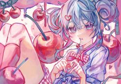  1girl :t aegyo_sal blue_eyes blue_hair bow bowtie breasts cherry cherry_earrings cherry_pop_(vocaloid) closed_mouth collared_shirt commentary_request double-parted_bangs double_bun earrings eating feet_out_of_frame food food-themed_earrings fruit hair_between_eyes hair_bun hair_ornament halftone hands_up hatsune_miku heart heart_hair_ornament heart_hands heart_in_heart_hands highres jewelry kneehighs knees_up looking_at_viewer miniskirt mouth_hold multicolored_hair nail_polish pink_socks plaid_bow plaid_bowtie plaid_clothes plaid_skirt pleated_skirt puffy_short_sleeves puffy_sleeves red_bow red_bowtie red_hair red_nails red_skirt shirt short_hair_with_long_locks short_sleeves sidelocks simple_background sitting skirt small_breasts socks solo streaked_hair twitter_username two-tone_bow two-tone_bowtie two-tone_hair two-tone_skirt vocaloid wavy_mouth white_background white_bow white_bowtie white_shirt white_skirt yena_s 