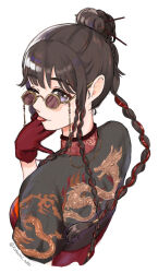  1girl ;p black_shirt braid breasts brown_hair china_dress chinese_clothes closed_mouth collared_dress commentary_request cropped_shirt cropped_torso dragon dragon_print dress eastern_dragon eyelashes gloves hair_bun hair_ornament hair_ribbon hairpin hand_on_own_cheek hand_on_own_face happy kohanai_setsuna long_hair looking_at_viewer looking_back multiple_braids nikki_(series) one_eye_closed print_shirt red-tinted_eyewear red_dress red_gloves red_ribbon ribbon round_eyewear shifting_clouds_(shining_nikki) shining_nikki shirt short_sleeves simple_background single_hair_bun smile solo sunglasses tinted_eyewear tongue tongue_out tress_ribbon twitter_username very_long_hair violet_eyes white_background yellow-framed_eyewear 