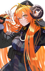  1girl absurdres ammunition ammunition_pouch artist_name asymmetrical_gloves black_hat black_horns black_jacket blush closed_mouth commentary_request dragon_girl dragon_horns dress fingerless_gloves gloves green_eyes hand_in_own_hair hat highres holding holding_own_hair horns jacket long_hair mechanical_horns mechanical_tail mismatched_gloves orange_hair orange_pupils orphie_magnusson pointy_ears pouch single_fingerless_glove solo tail twintails twitter_username very_long_hair white_background yellow_gloves zenless_zone_zero zipper_dress zunda_kaku 