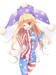  1girl :d adapted_costume american_flag_legwear american_flag_shirt bangs blonde_hair blush breasts cleavage clownpiece eyebrows eyebrows_visible_through_hair fairy_wings fang hair_between_eyes hat jester_cap long_hair long_sleeves one_eye_closed open-chest_sweater open_mouth pantyhose polka_dot red_eyes simple_background sleeves_past_wrists smile solo star striped sweater thigh_gap touhou turtleneck very_long_hair white_background wings z.o.b 