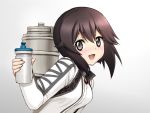  1girl :d blush bottle breasts brown_hair giving grey_eyes gym_shirt hair_between_eyes harukigenia hayasui_(kantai_collection) holding holding_bottle jacket kantai_collection long_sleeves looking_at_viewer looking_to_the_side machinery open_clothes open_jacket open_mouth shirt short_hair simple_background smile solo track_jacket upper_body 