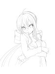  1girl absurdres bow breast_hold breasts hair_bow highres kazenoko lineart long_hair looking_at_viewer monochrome solo vocaloid 