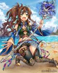  1girl beach blush breasts brown_hair cleavage clouds company_name detached_sleeves eikou_no_guardian_battle fang fish goldfish green_eyes headband highres long_hair madogawa magic midriff navel official_art open_mouth ponytail sky solo staff wavy_hair 