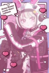  1girl animal_ears animal_helmet arm_belt belt black_collar black_jacket black_leg_warmers black_straps blunt_bangs blush chain chain_necklace character_name collar collarbone colored_inner_hair crop_top cross-laced_clothes cross-laced_top fake_animal_ears fang feet_out_of_frame food_print fruit_print grey_hair heart heart_sticker helmet highres jacket jewelry kinakuma24 knees_up leg_belt leg_tattoo leg_warmers lightning_bolt_print looking_at_viewer loose_belt makaino_ririmu makaino_ririmu_(6th_costume) miniskirt multicolored_hair necklace nijisanji open_clothes open_jacket pendant pink_background pink_belt pink_hair pink_jacket pink_skirt pink_streaks pink_theme plaid_clothes plaid_skirt pleated_skirt pointy_ears rabbit_ears red_eyes short_hair sitting skin_fang skirt sleeves_past_fingers sleeves_past_wrists solo space_helmet speech_bubble spiked_collar spikes star_(symbol) star_sticker sticker strawberry_print streaked_hair tattoo thigh_strap two-sided_fabric two-sided_jacket two-tone_hair variant_set virtual_youtuber white_helmet winged_heart winged_heart_tattoo wolf_cut 