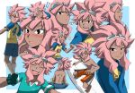  1boy ? blush closed_eyes collage dark_skin from_behind goggles goggles_on_head grin inazuma_eleven inazuma_eleven_(series) long_hair looking_at_viewer looking_back male_focus multiple_boys nanjou_akimasa official_style one_eye_closed open_mouth pink_hair shirtless smile soccer_uniform sportswear surfboard tsunami_jousuke 