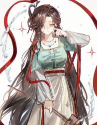  1girl absurdres big_dipper brown_hair chinese_clothes closed_mouth cowboy_shot crying crying_with_eyes_open facial_mark forehead_mark green_shirt grey_eyes hagoromo hair_branch hand_up hanfu highres holding holding_spoon huadian jewelry jiu_niangzi layered_sleeves long_hair long_skirt long_sleeves looking_at_viewer necklace parted_bangs red_shawl reverse:1999 shawl shirt short_over_long_sleeves short_sleeves skirt solo sparkle spoon tearing_up tears very_long_hair water_drop weiyan_(nbnbmwnl) wiping_tears yellow_skirt 