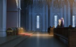  2girls arch black_cloak blender_(medium) blue_archive cloak column commentary_request fern_(sousou_no_frieren) frieren grey_hair highres indoors long_hair multiple_girls pew pillar purple_hair sansanchin3 sousou_no_frieren standing straight_hair treasure_chest window 
